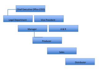 Chief Executive Office (CEO)Legal DepartmentVice PresidentManagerA & RProducerSalesDistributor