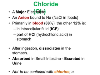 Chloride
(Cl–)
• A Major Electrolyte
• An Anion bound to Na (NaCl in foods)
• Primarily in blood (88%), the other 12% is:
– in intracellular fluid (ICF)
– part of HCl (hydrochloric acid) in
stomach
• After ingestion, dissociates in the
stomach.
• Absorbed in Small Intestine - Excreted in
Urine
• Not to be confused with chlorine, a
 