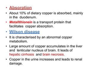 • Absorption
• About 10% of dietary copper is absorbed, mainly
in the duodenum.
• Metallthionein is a transport protein that
facilitates copper absorption.
• Wilson disease
• It is characterised by an abnormal copper
metabolism.
• Large amount of copper accumulates in the liver
and lenticular nucleus of brain. It leads of
hepatic cirrhosis and brain necrosis.
• Copper in the urine increases and leads to renal
damage.
 