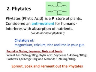2. Phytates
Phytates (Phytic Acid) is a P store of plants.
Considered an anti-nutrient for humans -
interferes with absorption of nutrients.
(we do not have phytase!)
Chelators of:
magnesium, calcium, zinc and iron in your gut.
Found in Grains, Legumes, Nuts and Seeds:
Wheat has 720mg/100g phytic acid. Soybeans 1,433mg/100g;
Cashews 1,866mg/100g and Almonds 1,280mg/100g.
Sprout, Soak and Ferment out the Phytates
 