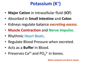 Potassium (K+)
• Major Cation in intracellular fluid (ICF)
• Absorbed in Small Intestine and Colon
• Kidneys regulate balance excreting excess.
• Muscle Contraction and Nerve Impulse.
• Rhythmic Heart Beats.
• Regulate Blood Pressure when excreted.
• Acts as a Buffer in Blood.
• Preserves Ca2+ and PO4
3- in bones.
Minor amounts are lost in sweat.
 