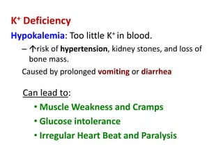 K+ Deficiency
Hypokalemia: Too little K+ in blood.
– risk of hypertension, kidney stones, and loss of
bone mass.
Caused by prolonged vomiting or diarrhea
Can lead to:
• Muscle Weakness and Cramps
• Glucose intolerance
• Irregular Heart Beat and Paralysis
 