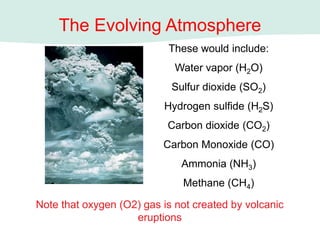 These would include:
Water vapor (H2O)
Sulfur dioxide (SO2)
Hydrogen sulfide (H2S)
Carbon dioxide (CO2)
Carbon Monoxide (CO)
Ammonia (NH3)
Methane (CH4)
The Evolving Atmosphere
Note that oxygen (O2) gas is not created by volcanic
eruptions
 