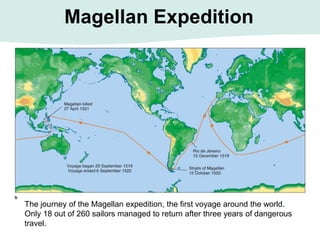 Magellan Expedition
The journey of the Magellan expedition, the first voyage around the world.
Only 18 out of 260 sailors managed to return after three years of dangerous
travel.
 