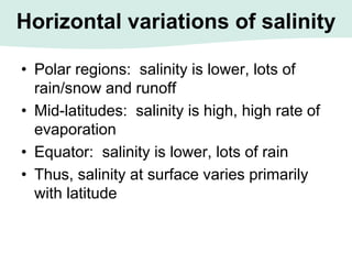 Horizontal variations of salinity
• Polar regions: salinity is lower, lots of
rain/snow and runoff
• Mid-latitudes: salinity is high, high rate of
evaporation
• Equator: salinity is lower, lots of rain
• Thus, salinity at surface varies primarily
with latitude
 