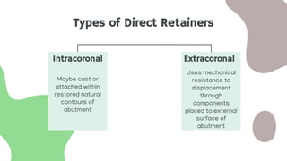 Types of Direct Retainers
Intracoronal Extracoronal
Uses mechanical
resistance to
displacement
through
components
placed to external
surface of
abutment
Maybe cast or
attached within
restored natural
contours of
abutment
 