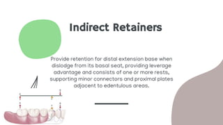 Indirect Retainers
Provide retention for distal extension base when
dislodge from its basal seat, providing leverage
advantage and consists of one or more rests,
supporting minor connectors and proximal plates
adjacent to edentulous areas.
 