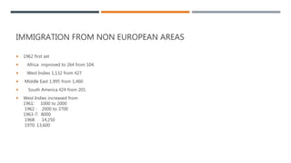 IMMIGRATION FROM NON EUROPEAN AREAS
 1962 first set
 Africa improved to 264 from 104.
 West Indies 1,132 from 427
 Middle East 1,995 from 1,460
 South America 424 from 201.
 West Indies increased from
1961: 1000 to 2000
1962 : 2000 to 3700
1963-7: 8000
1968: 14,250
1970: 13,600
 