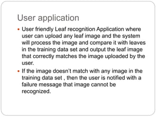 User application
 User friendly Leaf recognition Application where
user can upload any leaf image and the system
will process the image and compare it with leaves
in the training data set and output the leaf image
that correctly matches the image uploaded by the
user.
 If the image doesn’t match with any image in the
training data set , then the user is notified with a
failure message that image cannot be
recognized.
 