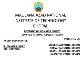 MAULANA AZAD NATIONAL
INSTITUTE OF TECHNOLOGY,
BHOPAL
PRESENTATION OF MAJOR PROJECT
DUAL AXIS AUTOMATIC SOLAR TRACKER
FACULTY COORDINATOR
DR. MANISHA DUBEY
HOD, ELECTRICAL
PPPPPPPPRESENTED BY:
JITENDERA GOYAL(161113072)
NAMAN BANSAL(161113086)
ADARSH TOMAR (161113059)
HARSHIT GUPTA(161113043)
 