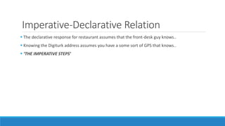 Imperative-Declarative Relation
 The declarative response for restaurant assumes that the front-desk guy knows..
 Knowing the Digiturk address assumes you have a some sort of GPS that knows..
 ‘THE IMPERATIVE STEPS’
 