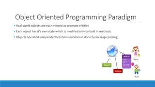 Object Oriented Programming Paradigm
 Real-world objects are each viewed as seperate entities
 Each object has it’s own state which is modified only by built in methods
 Objects operated independently (communication is done by message passing)
 