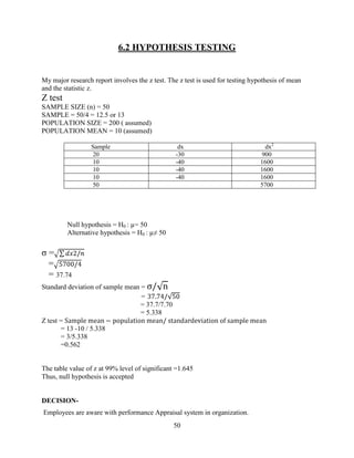 6.2 HYPOTHESIS TESTING


My major research report involves the z test. The z test is used for testing hypothesis of mean
and the statistic z.
Z test
SAMPLE SIZE (n) = 50
SAMPLE = 50/4 = 12.5 or 13
POPULATION SIZE = 200 ( assumed)
POPULATION MEAN = 10 (assumed)

                  Sample                          dx                              dx2
                  20                             -30                            900
                  10                             -40                            1600
                  10                             -40                            1600
                  10                             -40                            1600
                  50                                                            5700




         Null hypothesis = H0 : µ= 50
         Alternative hypothesis = H0 : µ≠ 50

σ=
 =
 = 37.74
Standard deviation of sample mean =
                                  =
                                  = 37.7/7.70
                                  = 5.338
Z test =
       = 13 -10 / 5.338
       = 3/5.338
       =0.562


The table value of z at 99% level of significant =1.645
Thus, null hypothesis is accepted


DECISION-
Employees are aware with performance Appraisal system in organization.
                                                50
 