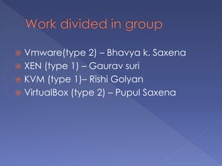  Vmware(type 2) – Bhavya k. Saxena
 XEN (type 1) – Gaurav suri
 KVM (type 1)– Rishi Golyan
 VirtualBox (type 2) – Pupul Saxena
 