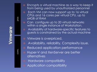 proscons
 Encrypts a virtual machine as a way to keep it
from being used by unauthorized personnel
 Each VM can now support up to 16 virtual
CPUs and 16 cores per virtual CPU, up to
64GB of RAM
 Can configure up to 20 virtual networks
within a single instance of Workstation.
 Availability of hardware-specific features to
guests is constrained by the actual machine
 VMware is overpriced.
 Availability, reliability, Complexity issue.
 Reduced application performance
 Hyper-V and XenServer are better
alternatives
 Hardware compatibility
 Application compatibility
 