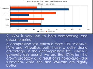 1. Apart Xen, which is slower, VMware, VirtualBox
and KVM are quite paired each other.
2. KVM is very fast to both compressing and
decompressing.
3. compression test, which is more CPU intensive,
KVM and VirtualBox both have a quite strong
advantage. In the decompression test, which is
generally disk bound, we see that KVM lost the
crown probably as a result of its no-so-quick disk
subsystem, while Xen and VMware are slightly
better.
 