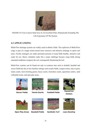 16
FIGURE 4.6 Very Courses Sand Acts As An Excellent Filter, Dramatically Extending The
Life Expectancy Of The System.
4.3 APPLICATIONS:
Multi-Flow drainage systems are widely used in athletic fields. The explosion of Multi-Flow
usage is part of a larger trend toward more extensive and intensive drainage in sports turf
areas. Facility managers are under persistent pressure to keep fields healthy, attractive and
ready for use. Heavy schedules make this a major challenge because using fields during
saturated conditions compacts the soil, consequently threatening the turf.
Multi-Flow systems can be found not only in common sites such as football, baseball and
soccer fields but also in less familiar settings such as polo fields, croquet courts, clay or grass
tennis courts, lawn bowling greens, bocce courts, horseshoe courts, equestrian centers, sand
volleyball courts, and open play areas.
Soccer Fields Tennis Courts Football Fields
Equestrian
Centers
Open Play Areas Baseball Fields Synthetic Turf Lawn Bowling
 
