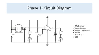 Phase 1: Circuit Diagram
 Mq3 sensor
 Potentiometer
 Lm358 comparator
 Buzzer
 Resistors
 LED
 