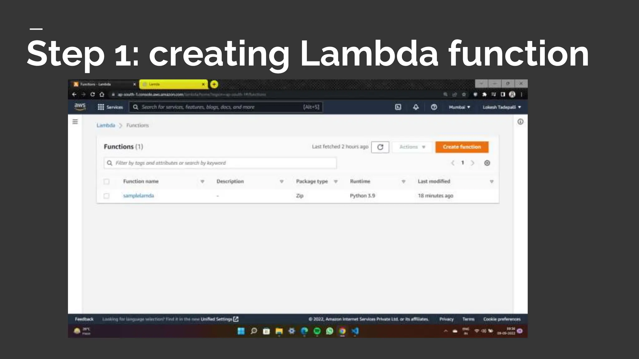 Step 1: creating Lambda function