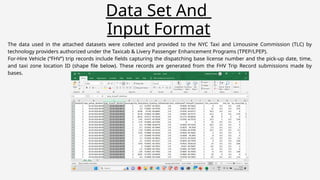 Data Set And
Input Format
The data used in the attached datasets were collected and provided to the NYC Taxi and Limousine Commission (TLC) by
technology providers authorized under the Taxicab & Livery Passenger Enhancement Programs (TPEP/LPEP).
For-Hire Vehicle (“FHV”) trip records include fields capturing the dispatching base license number and the pick-up date, time,
and taxi zone location ID (shape file below). These records are generated from the FHV Trip Record submissions made by
bases.
 