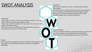 SWOT ANALYSIS STRENGTH:
Uber has the resources to invest in the latest data analytics
technologies.
Uber has a team of experienced data scientists and engineers
who can develop and implement the data analytics project.
Uber has a vast amount of data that can be used to gain
valuable insights into its business operations.
WEAKNESS:
Uber's data is spread across many different systems. This can
make it difficult to access and analyze the data.
Uber's data is often incomplete or inaccurate. This can impact the
quality of the data analysis.
Uber does not have a well-defined data governance process. This
can lead to data security and privacy risks.
OPPORTUNITIES:
Uber can use data analytics to improve its business operations in
a number of ways, such as optimizing driver scheduling,
reducing fraud, and developing new products and services.
THREAT:
Other ride-sharing companies are also investing in data analytics. This
could make it more difficult for Uber to maintain its competitive
advantage.
 