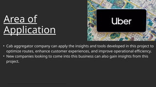Area of
Application
• Cab aggregator company can apply the insights and tools developed in this project to
optimize routes, enhance customer experiences, and improve operational efficiency.
• New companies looking to come into this business can also gain insights from this
project.
 