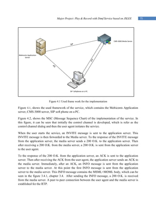 Major Project: Play & Record with Dtmf Service based on JSLEE         15




                         Figure 4.1 Used frame work for the implementation

Figure 4.1 , shows the used framework of the service, which contains the Mobicents Application
server, CMS-3000 server, SIP soft phone on a PC.

Figure 4.2, shows the MSC (Message Sequence Chart) of the implementation of the service. In
this figure, it can be seen that initially the control channel is developed, which is refer as the
control channel dialog and then the user agent initiates the service.

When the user starts the service, an INVITE message is sent to the application server. This
INVITE message is then forwarded to the Media server. To the response of the INVITE message
from the application server, the media server sends a 200 O.K. to the application server. Then
after receiving a 200 O.K. from the media server, a 200 O.K. is sent from the application server
to the user agent.

To the response of the 200 O.K. from the application server, an ACK is sent to the application
server. Then after receiving the ACK from the user agent, the application server sends an ACK to
the media server. Immediately, after an ACK, an INFO message is sent from the application
server to the media server. At this point the first INFO message is sent from the application
server to the media server. This INFO message contains the MSML+MOML body, which can be
seen in the figure 3.4.1, chapter 3.4. After sending the INFO message, a 200 O.K. is received
from the media server. A peer to peer connection between the user agent and the media server is
established for the RTP.
 