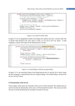 Major Project: Play & Record with Dtmf Service based on JSLEE          32




                                 Figure 5.3.10, stored To Header field.

In figure 5.3.10, an independent method is developed, this method stores the to header field. The
to Header field should be the same when an ACK is to be sent to the User Agent. A hash
mapping is created, with respect to the dialog and the to header.




                       Figure 5.3.11 Stored Dialog, to link the user agent dialog.

In figure 5.3.11, the subscriber dialog or the dialog between the UA and the AS is stored. Again
the hash mapping is created between the two required dialogs. This linked dialog is stored in the
Service Activity Context.



5.4 Functionality of the Service

In this chapter of the report, the realization of the service will be described. The methods that are
used to develop the functionality of the service will be described in detail. This service provides
the user to record and then play the recorded voice back to the user.
 