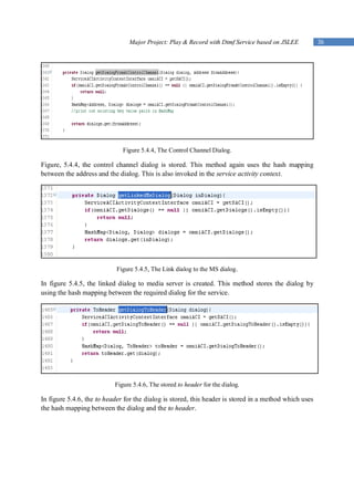 Major Project: Play & Record with Dtmf Service based on JSLEE           36




                              Figure 5.4.4, The Control Channel Dialog.

Figure, 5.4.4, the control channel dialog is stored. This method again uses the hash mapping
between the address and the dialog. This is also invoked in the service activity context.




                            Figure 5.4.5, The Link dialog to the MS dialog.

In figure 5.4.5, the linked dialog to media server is created. This method stores the dialog by
using the hash mapping between the required dialog for the service.




                           Figure 5.4.6, The stored to header for the dialog.

In figure 5.4.6, the to header for the dialog is stored, this header is stored in a method which uses
the hash mapping between the dialog and the to header.
 