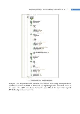 Major Project: Play & Record with Dtmf Service based on JSLEE         44




                             5.5.2 Generated MSML based java objects.

In Figure 5.5.2, the java objects are generated, which are used in the library. These java objects
will be used to create the MSML in the service. The important generated class which is used in
the service is the MSML class. This is shown in the figure 5.5.2. In this figure all the required
MSML based java objects are created.
 