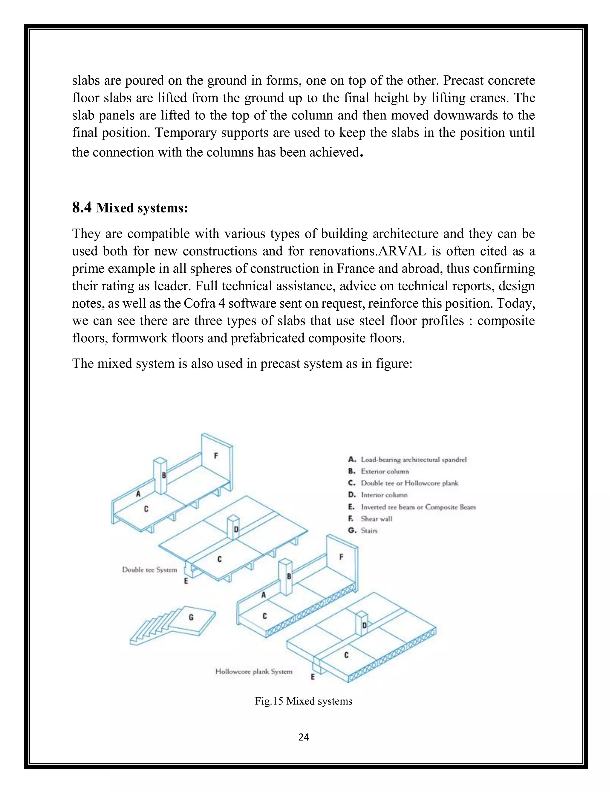 24
slabs are poured on the ground in forms, one on top of the other. Precast concrete
floor slabs are lifted from the ground up to the final height by lifting cranes. The
slab panels are lifted to the top of the column and then moved downwards to the
final position. Temporary supports are used to keep the slabs in the position until
the connection with the columns has been achieved.
8.4 Mixed systems:
They are compatible with various types of building architecture and they can be
used both for new constructions and for renovations.ARVAL is often cited as a
prime example in all spheres of construction in France and abroad, thus confirming
their rating as leader. Full technical assistance, advice on technical reports, design
notes, as well as the Cofra 4 software sent on request, reinforce this position. Today,
we can see there are three types of slabs that use steel floor profiles : composite
floors, formwork floors and prefabricated composite floors.
The mixed system is also used in precast system as in figure:
Fig.15 Mixed systems
 