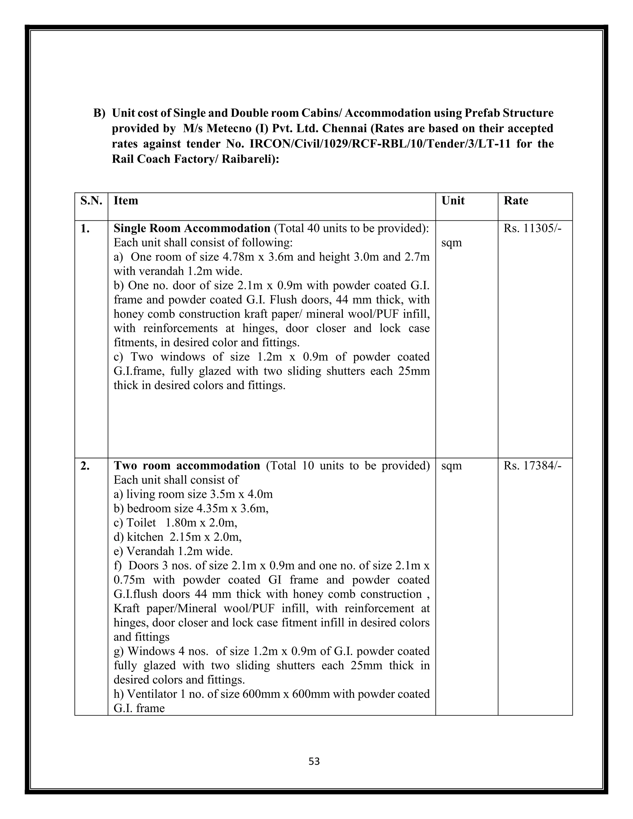 53
B) Unit cost of Single and Double room Cabins/ Accommodation using Prefab Structure
provided by M/s Metecno (I) Pvt. Ltd. Chennai (Rates are based on their accepted
rates against tender No. IRCON/Civil/1029/RCF-RBL/10/Tender/3/LT-11 for the
Rail Coach Factory/ Raibareli):
S.N. Item Unit Rate
1. Single Room Accommodation (Total 40 units to be provided):
Each unit shall consist of following:
a) One room of size 4.78m x 3.6m and height 3.0m and 2.7m
with verandah 1.2m wide.
b) One no. door of size 2.1m x 0.9m with powder coated G.I.
frame and powder coated G.I. Flush doors, 44 mm thick, with
honey comb construction kraft paper/ mineral wool/PUF infill,
with reinforcements at hinges, door closer and lock case
fitments, in desired color and fittings.
c) Two windows of size 1.2m x 0.9m of powder coated
G.I.frame, fully glazed with two sliding shutters each 25mm
thick in desired colors and fittings.
sqm
Rs. 11305/-
2. Two room accommodation (Total 10 units to be provided)
Each unit shall consist of
a) living room size 3.5m x 4.0m
b) bedroom size 4.35m x 3.6m,
c) Toilet 1.80m x 2.0m,
d) kitchen 2.15m x 2.0m,
e) Verandah 1.2m wide.
f) Doors 3 nos. of size 2.1m x 0.9m and one no. of size 2.1m x
0.75m with powder coated GI frame and powder coated
G.I.flush doors 44 mm thick with honey comb construction ,
Kraft paper/Mineral wool/PUF infill, with reinforcement at
hinges, door closer and lock case fitment infill in desired colors
and fittings
g) Windows 4 nos. of size 1.2m x 0.9m of G.I. powder coated
fully glazed with two sliding shutters each 25mm thick in
desired colors and fittings.
h) Ventilator 1 no. of size 600mm x 600mm with powder coated
G.I. frame
sqm Rs. 17384/-
 