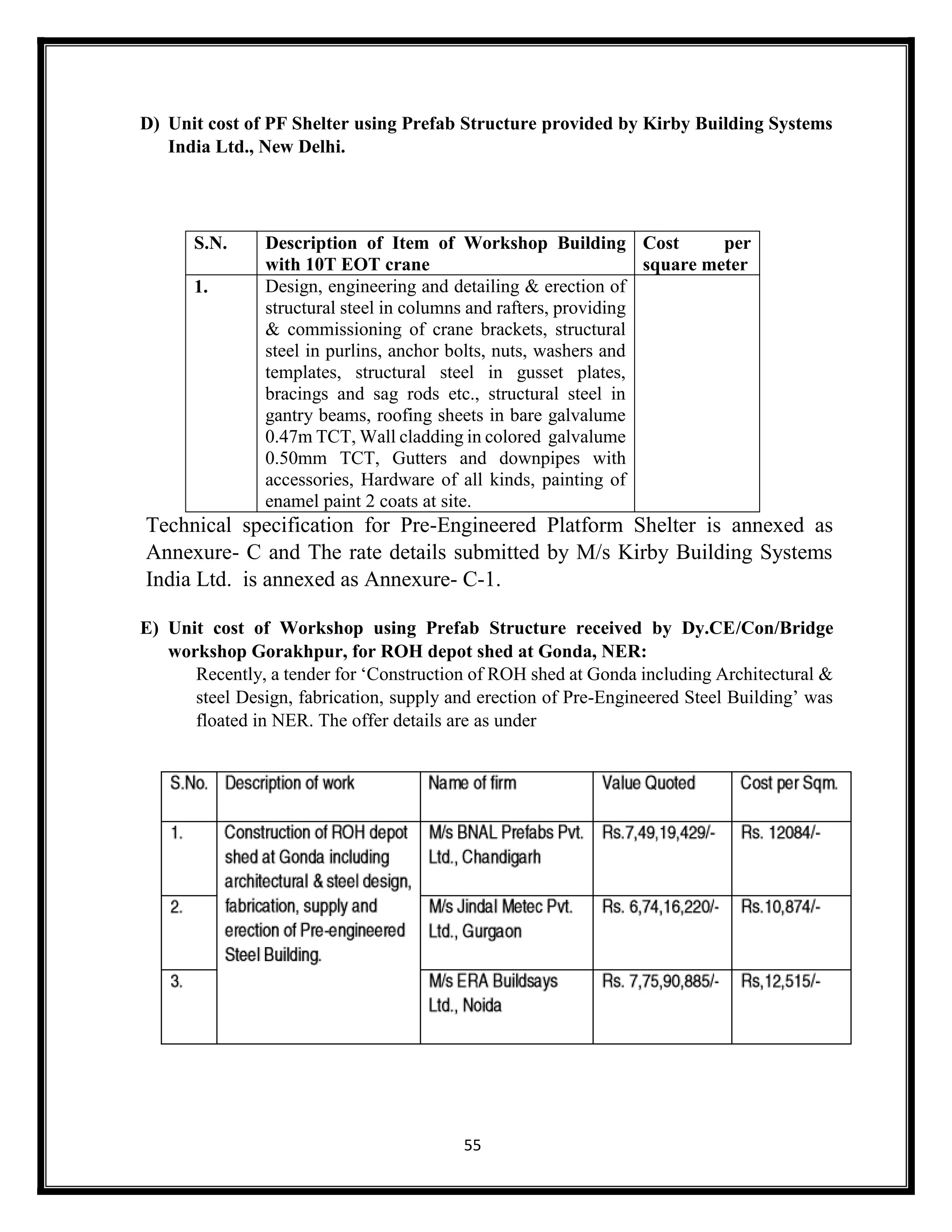 55
D) Unit cost of PF Shelter using Prefab Structure provided by Kirby Building Systems
India Ltd., New Delhi.
Technical specification for Pre-Engineered Platform Shelter is annexed as
Annexure- C and The rate details submitted by M/s Kirby Building Systems
India Ltd. is annexed as Annexure- C-1.
E) Unit cost of Workshop using Prefab Structure received by Dy.CE/Con/Bridge
workshop Gorakhpur, for ROH depot shed at Gonda, NER:
Recently, a tender for ‘Construction of ROH shed at Gonda including Architectural &
steel Design, fabrication, supply and erection of Pre-Engineered Steel Building’ was
floated in NER. The offer details are as under
S.N. Description of Item of Workshop Building
with 10T EOT crane
Cost per
square meter
1. Design, engineering and detailing & erection of
structural steel in columns and rafters, providing
& commissioning of crane brackets, structural
steel in purlins, anchor bolts, nuts, washers and
templates, structural steel in gusset plates,
bracings and sag rods etc., structural steel in
gantry beams, roofing sheets in bare galvalume
0.47m TCT, Wall cladding in colored galvalume
0.50mm TCT, Gutters and downpipes with
accessories, Hardware of all kinds, painting of
enamel paint 2 coats at site.
 