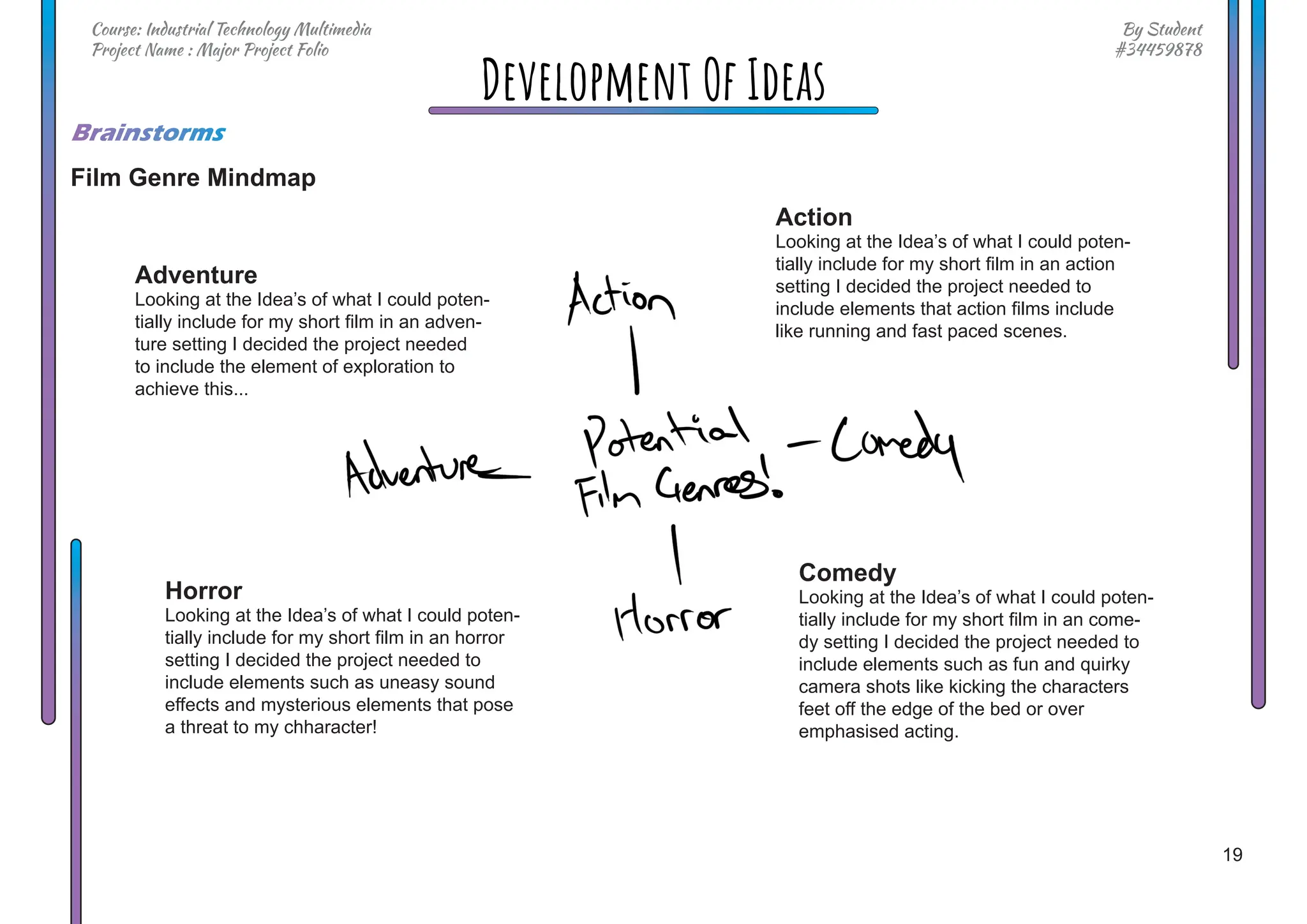 19
By Student
#34459878
Course: Industrial Technology Multimedia
Project Name : Major Project Folio
Development Of Ideas
Film Genre Mindmap
Brainstorms
Adventure
Looking at the Idea’s of what I could poten-
tially include for my short film in an adven-
ture setting I decided the project needed
to include the element of exploration to
achieve this...
Horror
Looking at the Idea’s of what I could poten-
tially include for my short film in an horror
setting I decided the project needed to
include elements such as uneasy sound
effects and mysterious elements that pose
a threat to my chharacter!
Action
Looking at the Idea’s of what I could poten-
tially include for my short film in an action
setting I decided the project needed to
include elements that action films include
like running and fast paced scenes.
Comedy
Looking at the Idea’s of what I could poten-
tially include for my short film in an come-
dy setting I decided the project needed to
include elements such as fun and quirky
camera shots like kicking the characters
feet off the edge of the bed or over
emphasised acting.
 