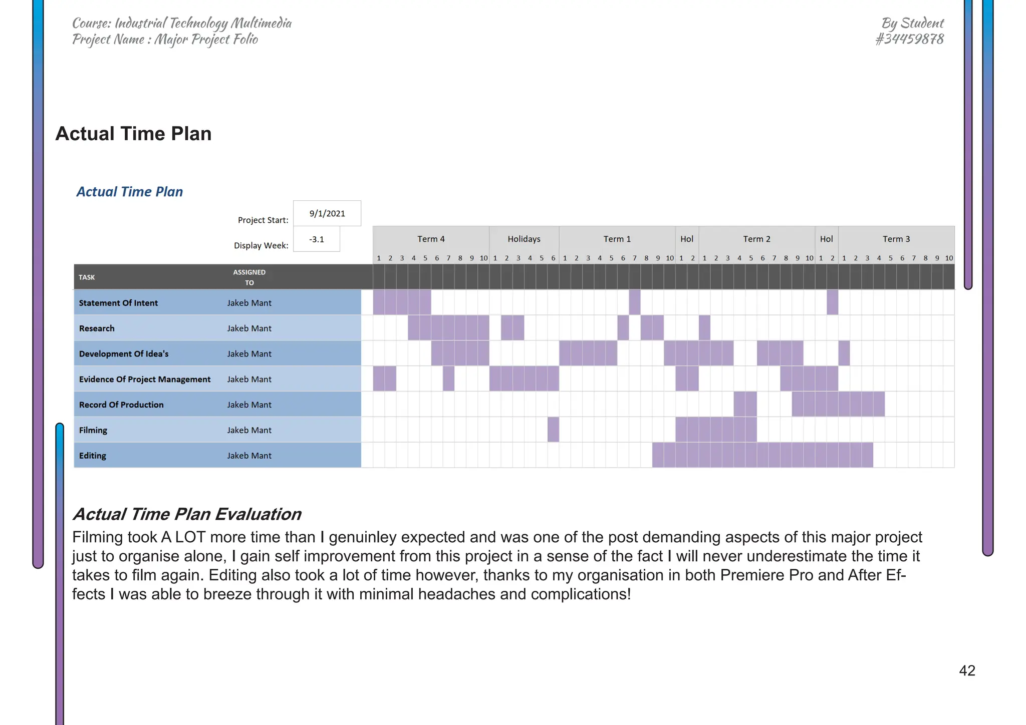 42
By Student
#34459878
Course: Industrial Technology Multimedia
Project Name : Major Project Folio
Actual Time Plan Evaluation
Actual Time Plan
Filming took A LOT more time than I genuinley expected and was one of the post demanding aspects of this major project
just to organise alone, I gain self improvement from this project in a sense of the fact I will never underestimate the time it
takes to film again. Editing also took a lot of time however, thanks to my organisation in both Premiere Pro and After Ef-
fects I was able to breeze through it with minimal headaches and complications!
 