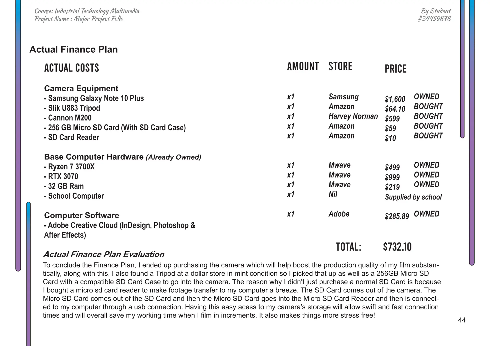 44
By Student
#34459878
Course: Industrial Technology Multimedia
Project Name : Major Project Folio
Actual Costs
Camera Equipment
- Samsung Galaxy Note 10 Plus
- Slik U883 Tripod
- Cannon M200
- 256 GB Micro SD Card (With SD Card Case)
- SD Card Reader
Base Computer Hardware (Already Owned)
- Ryzen 7 3700X
- RTX 3070
- 32 GB Ram
- School Computer
Computer Software
- Adobe Creative Cloud (InDesign, Photoshop &
After Effects)
To conclude the Finance Plan, I ended up purchasing the camera which will help boost the production quality of my film substan-
tically, along with this, I also found a Tripod at a dollar store in mint condition so I picked that up as well as a 256GB Micro SD
Card with a compatible SD Card Case to go into the camera. The reason why I didn’t just purchase a normal SD Card is because
I bought a micro sd card reader to make footage transfer to my computer a breeze. The SD Card comes out of the camera, The
Micro SD Card comes out of the SD Card and then the Micro SD Card goes into the Micro SD Card Reader and then is connect-
ed to my computer through a usb connection. Having this easy acess to my camera’s storage will allow swift and fast connection
times and will overall save my working time when I film in increments, It also makes things more stress free!
Price
$1,600
$64.10
$599
$59
$10
$499
$999
$219
Supplied by school
$285.89
Store
Samsung
Amazon
Harvey Norman
Amazon
Amazon
Mwave
Mwave
Mwave
Nil
Adobe
Amount
x1
x1
x1
x1
x1
x1
x1
x1
x1
x1
OWNED
BOUGHT
BOUGHT
BOUGHT
BOUGHT
OWNED
OWNED
OWNED
OWNED
Total: $732.10
Actual Finance Plan
Actual Finance Plan Evaluation
 