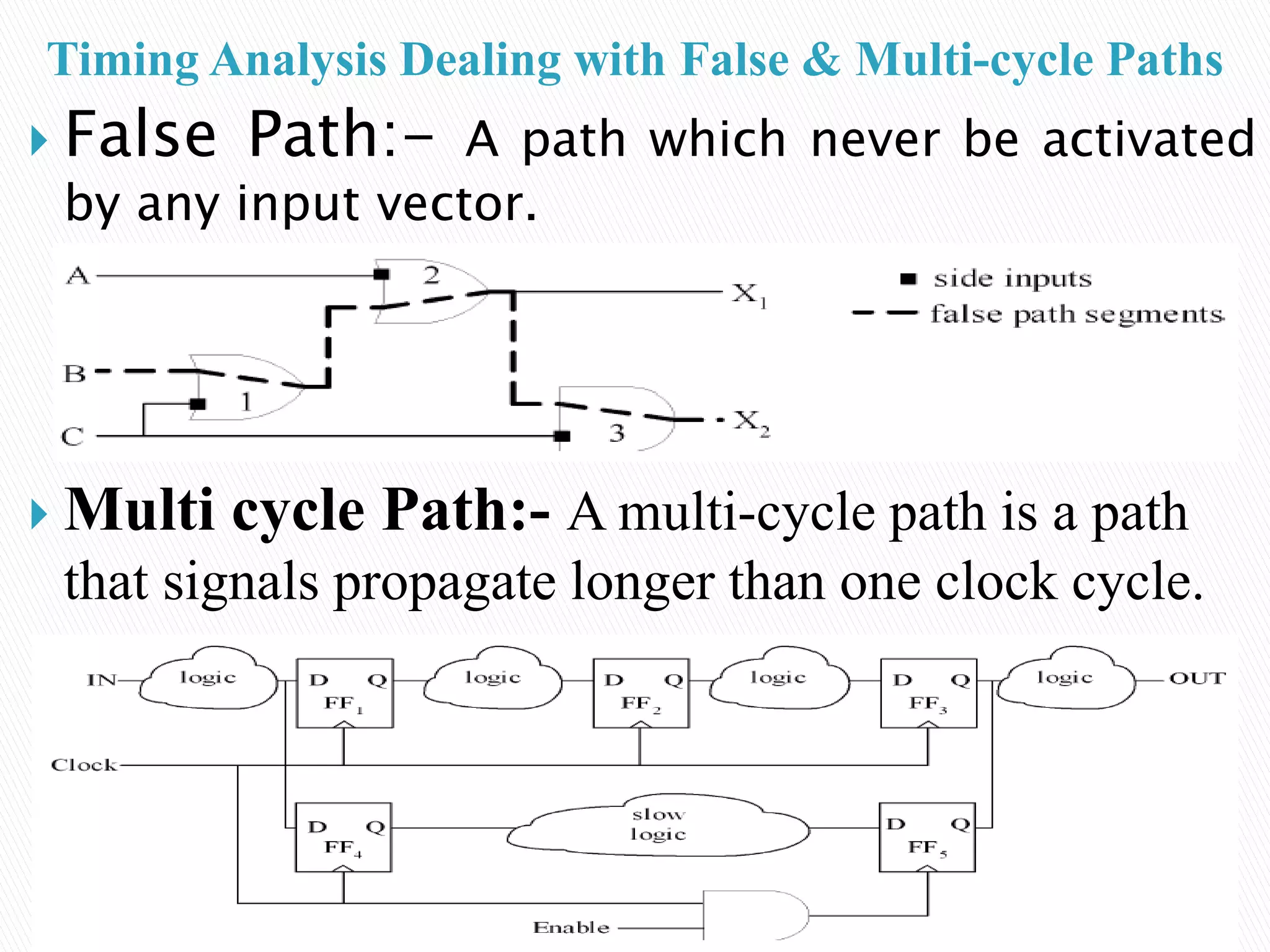 Timing Analysis Dealing with False & Multi-cycle Paths
 False Path:- A path which never be activated
by any input vector.
 Multi cycle Path:- A multi-cycle path is a path
that signals propagate longer than one clock cycle.
 