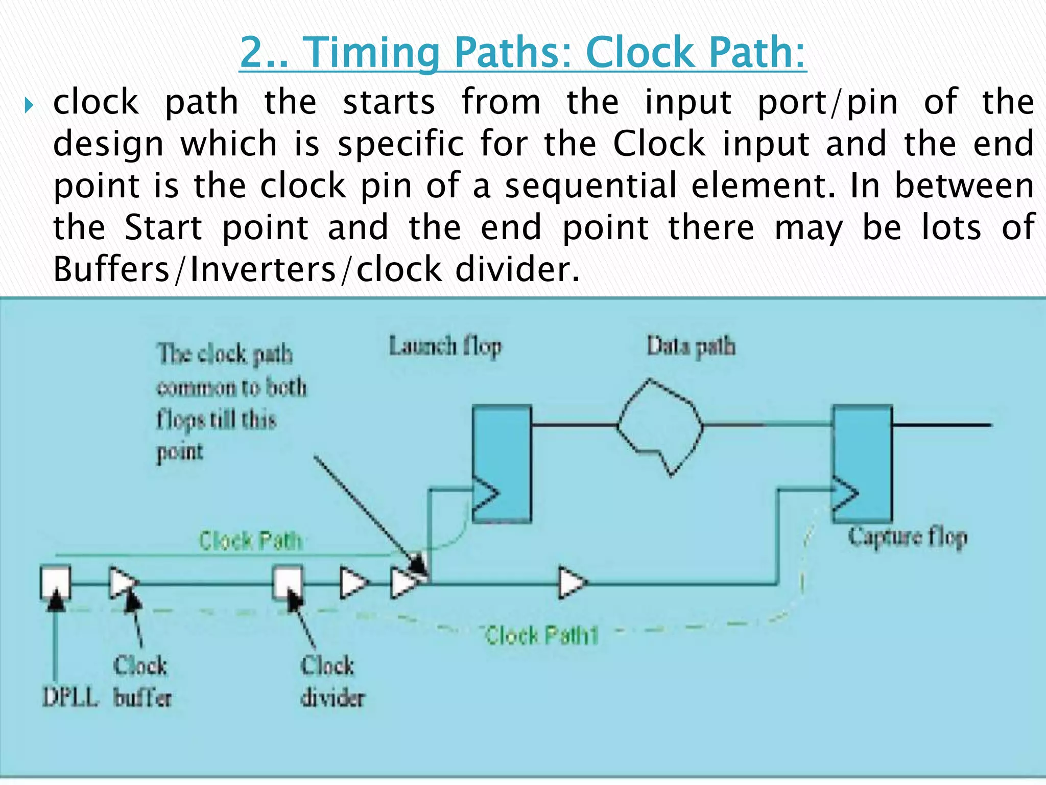 2.. Timing Paths: Clock Path:
 clock path the starts from the input port/pin of the
design which is specific for the Clock input and the end
point is the clock pin of a sequential element. In between
the Start point and the end point there may be lots of
Buffers/Inverters/clock divider.
 