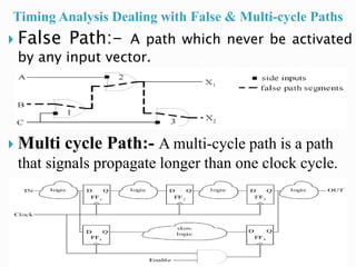Timing Analysis Dealing with False & Multi-cycle Paths
 False Path:- A path which never be activated
by any input vector.
 Multi cycle Path:- A multi-cycle path is a path
that signals propagate longer than one clock cycle.
 
