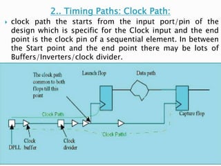 2.. Timing Paths: Clock Path:
 clock path the starts from the input port/pin of the
design which is specific for the Clock input and the end
point is the clock pin of a sequential element. In between
the Start point and the end point there may be lots of
Buffers/Inverters/clock divider.
 