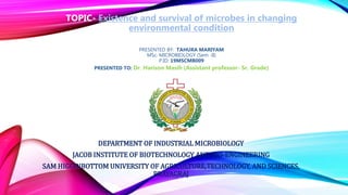 TOPIC- Existence and survival of microbes in changing
environmental condition
PRESENTED BY: TAHURA MARIYAM
MSc. MICROBIOLOGY (Sem -II)
P.ID: 19MSCMB009
PRESENTED TO: Dr. Harison Masih (Assistant professor- Sr. Grade)
DEPARTMENT OF INDUSTRIAL MICROBIOLOGY
JACOB INSTITUTE OF BIOTECHNOLOGY AND BIO-ENGINEERING
SAM HIGGINBOTTOM UNIVERSITY OF AGRICULTURE,TECHNOLOGY, AND SCIENCES,
PRAYAGRAJ
 