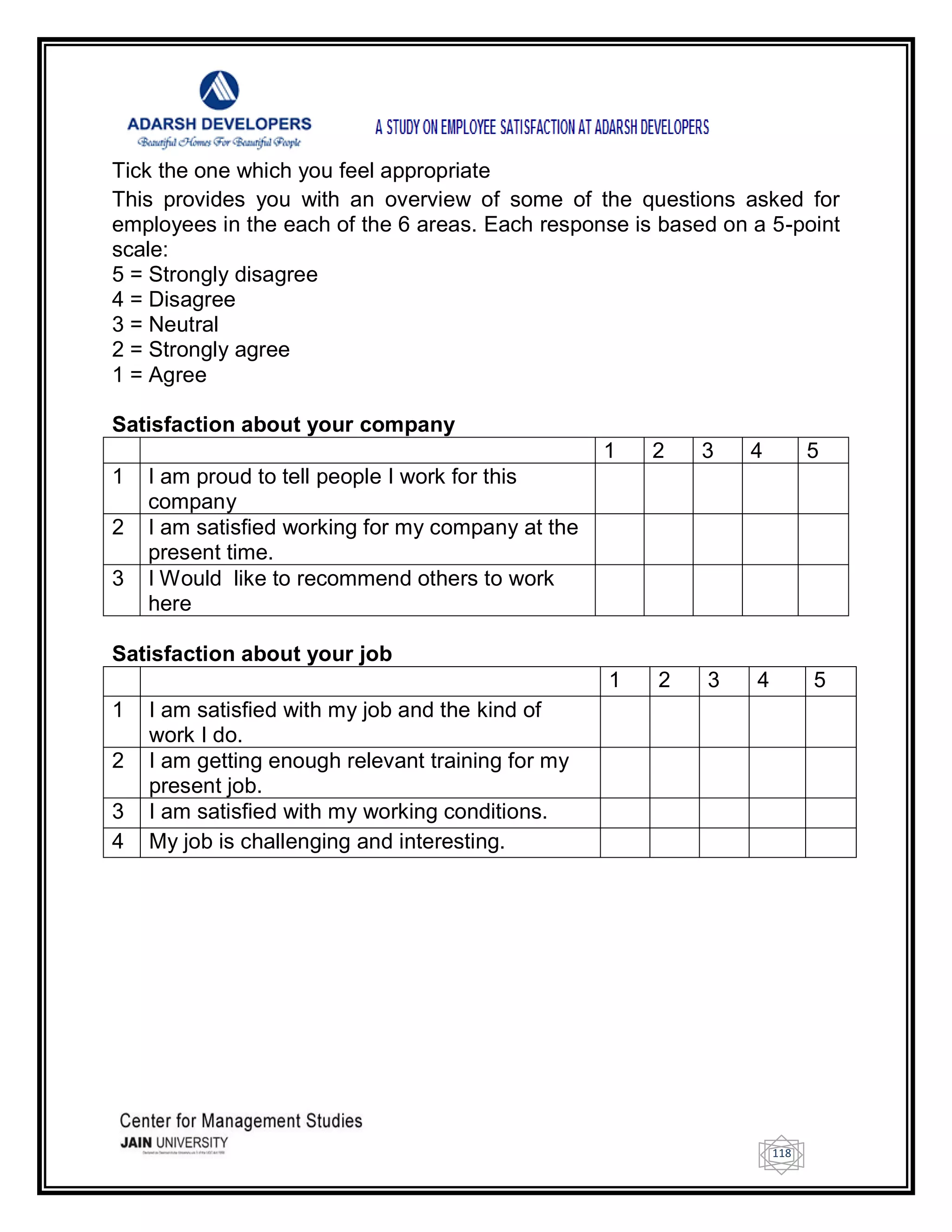 118
Tick the one which you feel appropriate
This provides you with an overview of some of the questions asked for
employees in the each of the 6 areas. Each response is based on a 5-point
scale:
5 = Strongly disagree
4 = Disagree
3 = Neutral
2 = Strongly agree
1 = Agree
Satisfaction about your company
1 2 3 4 5
1 I am proud to tell people I work for this
company
2 I am satisfied working for my company at the
present time.
3 I Would like to recommend others to work
here
Satisfaction about your job
1 2 3 4 5
1 I am satisfied with my job and the kind of
work I do.
2 I am getting enough relevant training for my
present job.
3 I am satisfied with my working conditions.
4 My job is challenging and interesting.
 