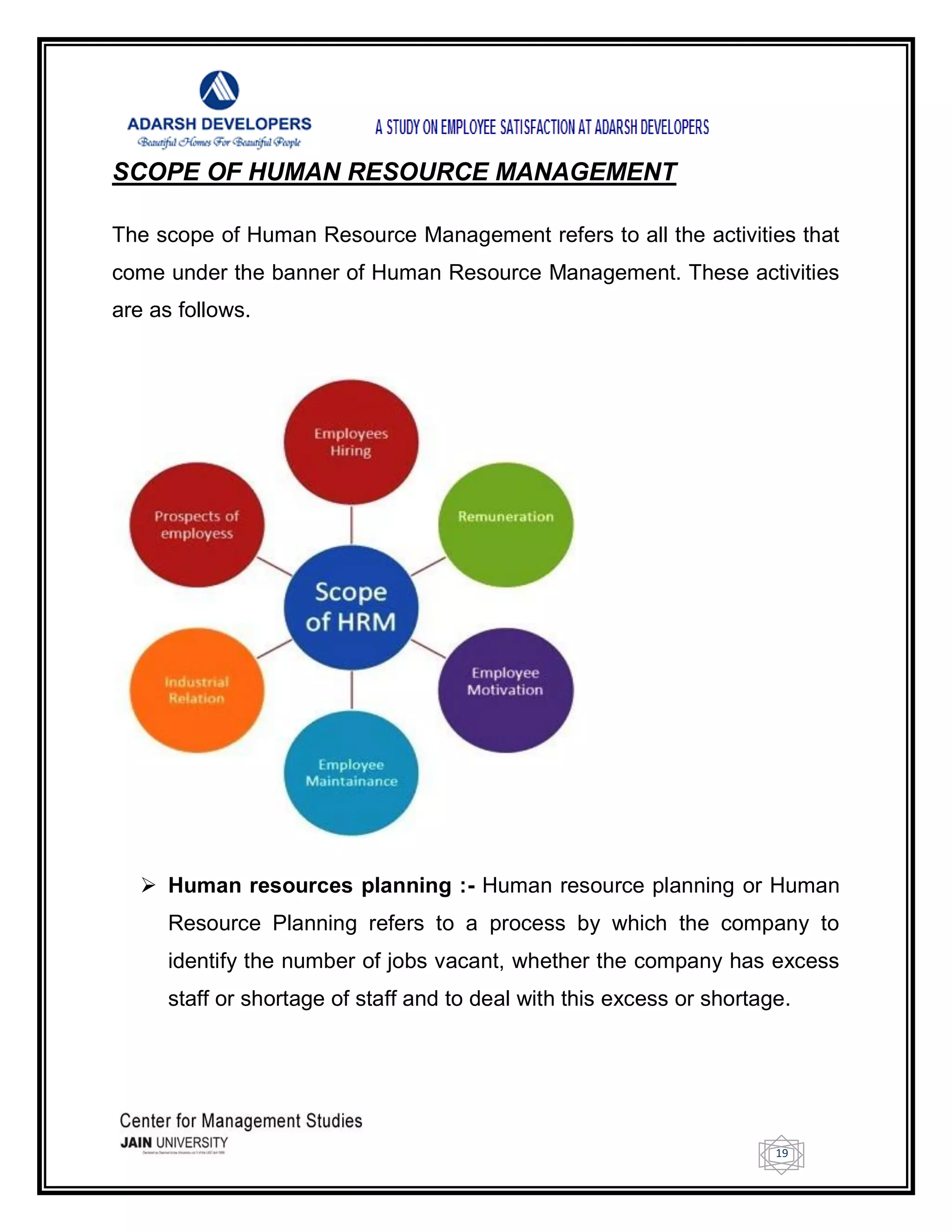 19
SCOPE OF HUMAN RESOURCE MANAGEMENT
The scope of Human Resource Management refers to all the activities that
come under the banner of Human Resource Management. These activities
are as follows.
 Human resources planning :- Human resource planning or Human
Resource Planning refers to a process by which the company to
identify the number of jobs vacant, whether the company has excess
staff or shortage of staff and to deal with this excess or shortage.
 