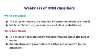Weakness of DNN classifiers
White box attack
● The attacker knows the detailed information about the model
● Model architecture, parameters, and class probabilities
Black box attack
● The attacker does not know the information about the target
model
● Architecture and parameters of a DNN are unknown to the
attackers
 