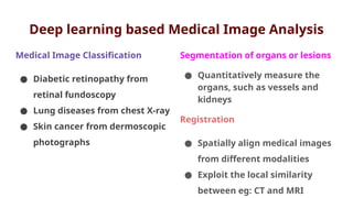 Deep learning based Medical Image Analysis
Medical Image Classification
● Diabetic retinopathy from
retinal fundoscopy
● Lung diseases from chest X-ray
● Skin cancer from dermoscopic
photographs
Segmentation of organs or lesions
● Quantitatively measure the
organs, such as vessels and
kidneys
Registration
● Spatially align medical images
from different modalities
● Exploit the local similarity
between eg: CT and MRI
 