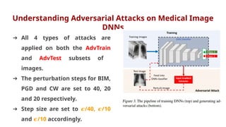 Understanding Adversarial Attacks on Medical Image
DNNs
➔ All 4 types of attacks are
applied on both the AdvTrain
and AdvTest subsets of
images.
➔ The perturbation steps for BIM,
PGD and CW are set to 40, 20
and 20 respectively.
➔ Step size are set to /40, /10
𝝐 𝝐
and /10
𝝐 accordingly.
 