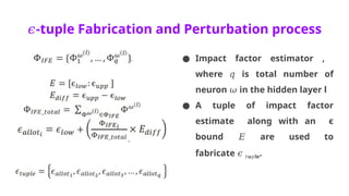 𝜖-tuple Fabrication and Perturbation process
● Impact factor estimator ,
where is total number of
𝑞
neuron in the hidden layer l
𝜔
● A tuple of impact factor
estimate along with an ϵ
bound are used to
𝐸
fabricate 𝜖 u le
𝑡 𝑝 .
 