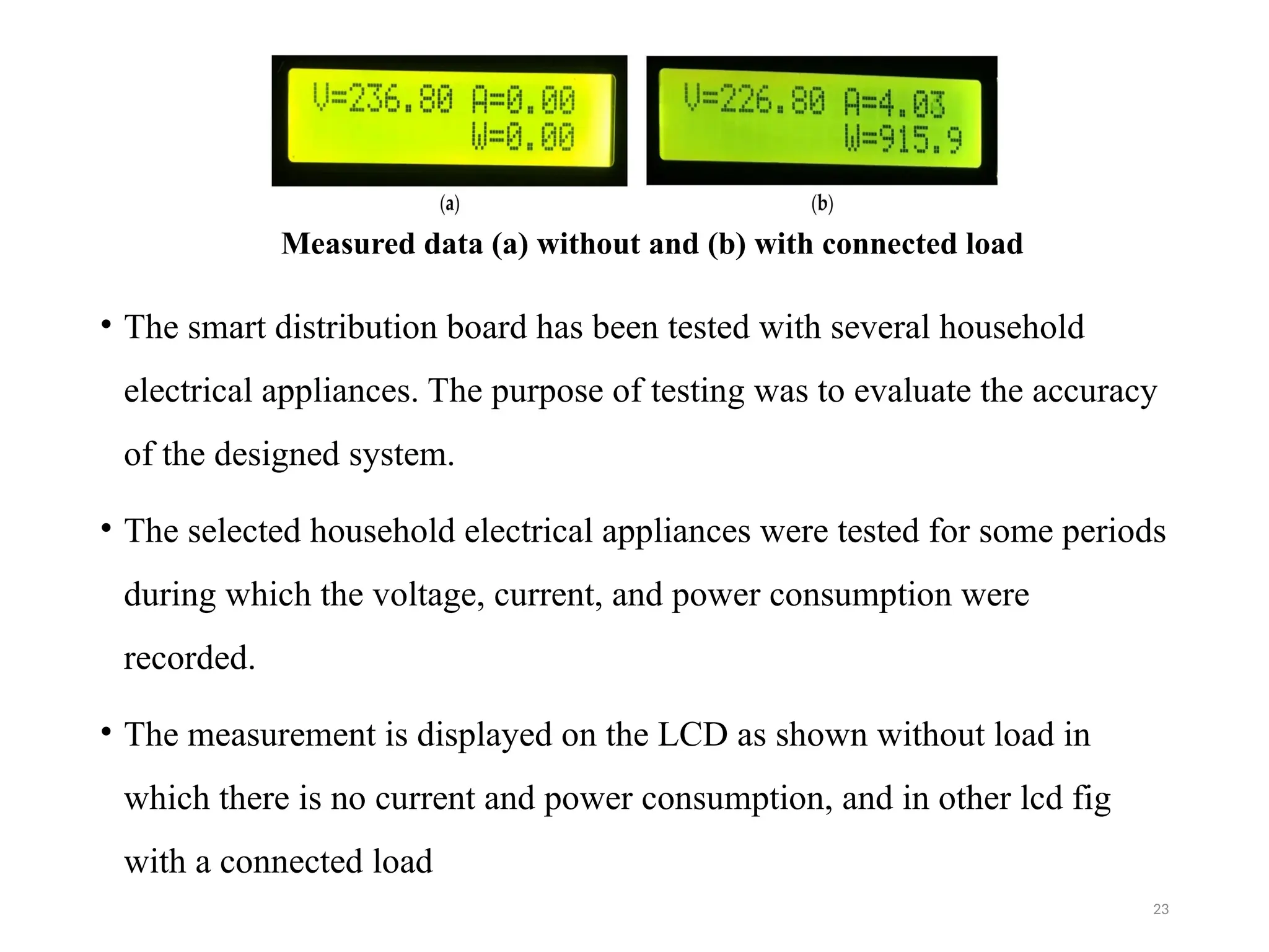 23
• The smart distribution board has been tested with several household
electrical appliances. The purpose of testing was to evaluate the accuracy
of the designed system.
• The selected household electrical appliances were tested for some periods
during which the voltage, current, and power consumption were
recorded.
• The measurement is displayed on the LCD as shown without load in
which there is no current and power consumption, and in other lcd fig
with a connected load
Measured data (a) without and (b) with connected load
 