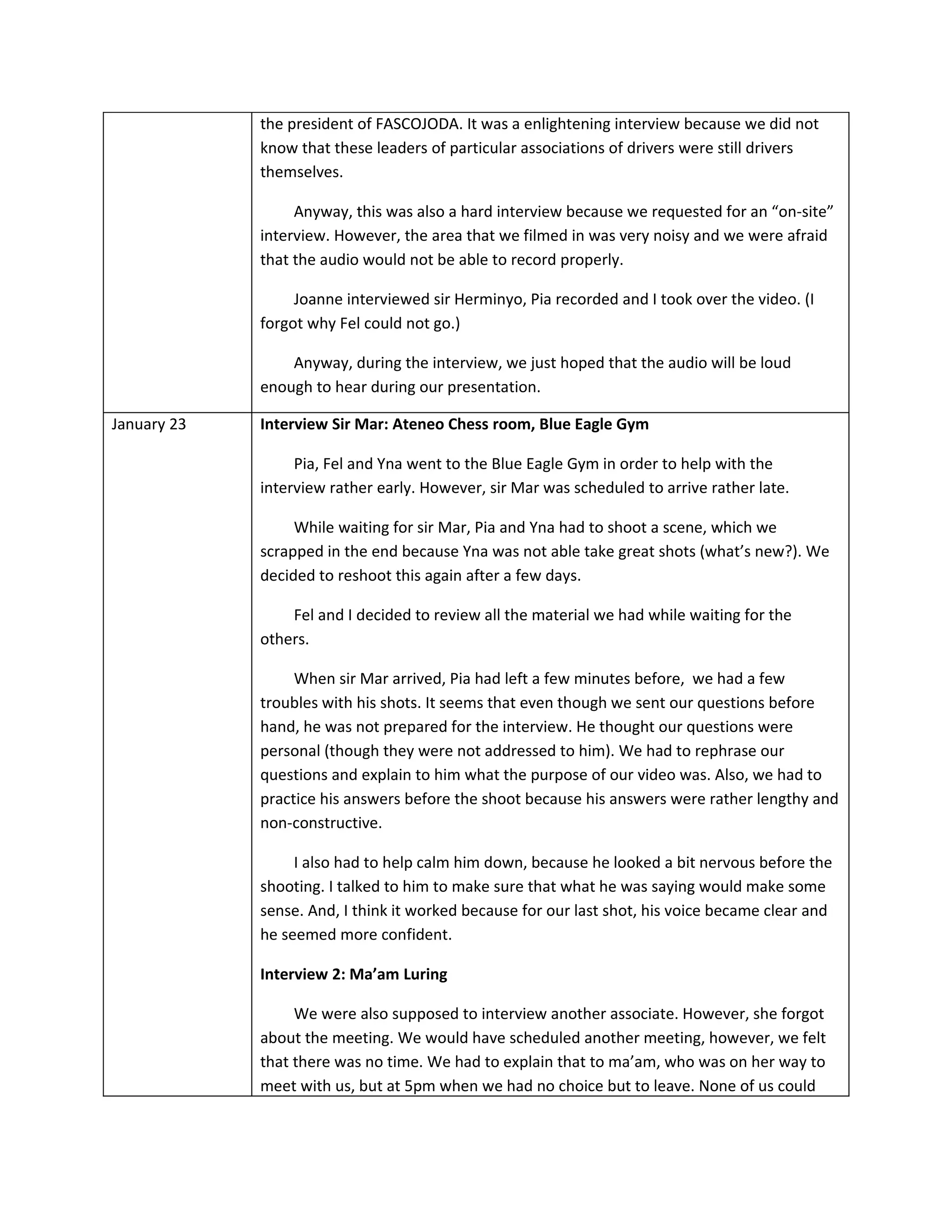 the president of FASCOJODA. It was a enlightening interview because we did not
             know that these leaders of particular associations of drivers were still drivers
             themselves.

                  Anyway, this was also a hard interview because we requested for an “on-site”
             interview. However, the area that we filmed in was very noisy and we were afraid
             that the audio would not be able to record properly.

                  Joanne interviewed sir Herminyo, Pia recorded and I took over the video. (I
             forgot why Fel could not go.)

                 Anyway, during the interview, we just hoped that the audio will be loud
             enough to hear during our presentation.

January 23   Interview Sir Mar: Ateneo Chess room, Blue Eagle Gym

                  Pia, Fel and Yna went to the Blue Eagle Gym in order to help with the
             interview rather early. However, sir Mar was scheduled to arrive rather late.

                  While waiting for sir Mar, Pia and Yna had to shoot a scene, which we
             scrapped in the end because Yna was not able take great shots (what’s new?). We
             decided to reshoot this again after a few days.

                 Fel and I decided to review all the material we had while waiting for the
             others.

                  When sir Mar arrived, Pia had left a few minutes before, we had a few
             troubles with his shots. It seems that even though we sent our questions before
             hand, he was not prepared for the interview. He thought our questions were
             personal (though they were not addressed to him). We had to rephrase our
             questions and explain to him what the purpose of our video was. Also, we had to
             practice his answers before the shoot because his answers were rather lengthy and
             non-constructive.

                  I also had to help calm him down, because he looked a bit nervous before the
             shooting. I talked to him to make sure that what he was saying would make some
             sense. And, I think it worked because for our last shot, his voice became clear and
             he seemed more confident.

             Interview 2: Ma’am Luring

                  We were also supposed to interview another associate. However, she forgot
             about the meeting. We would have scheduled another meeting, however, we felt
             that there was no time. We had to explain that to ma’am, who was on her way to
             meet with us, but at 5pm when we had no choice but to leave. None of us could
 