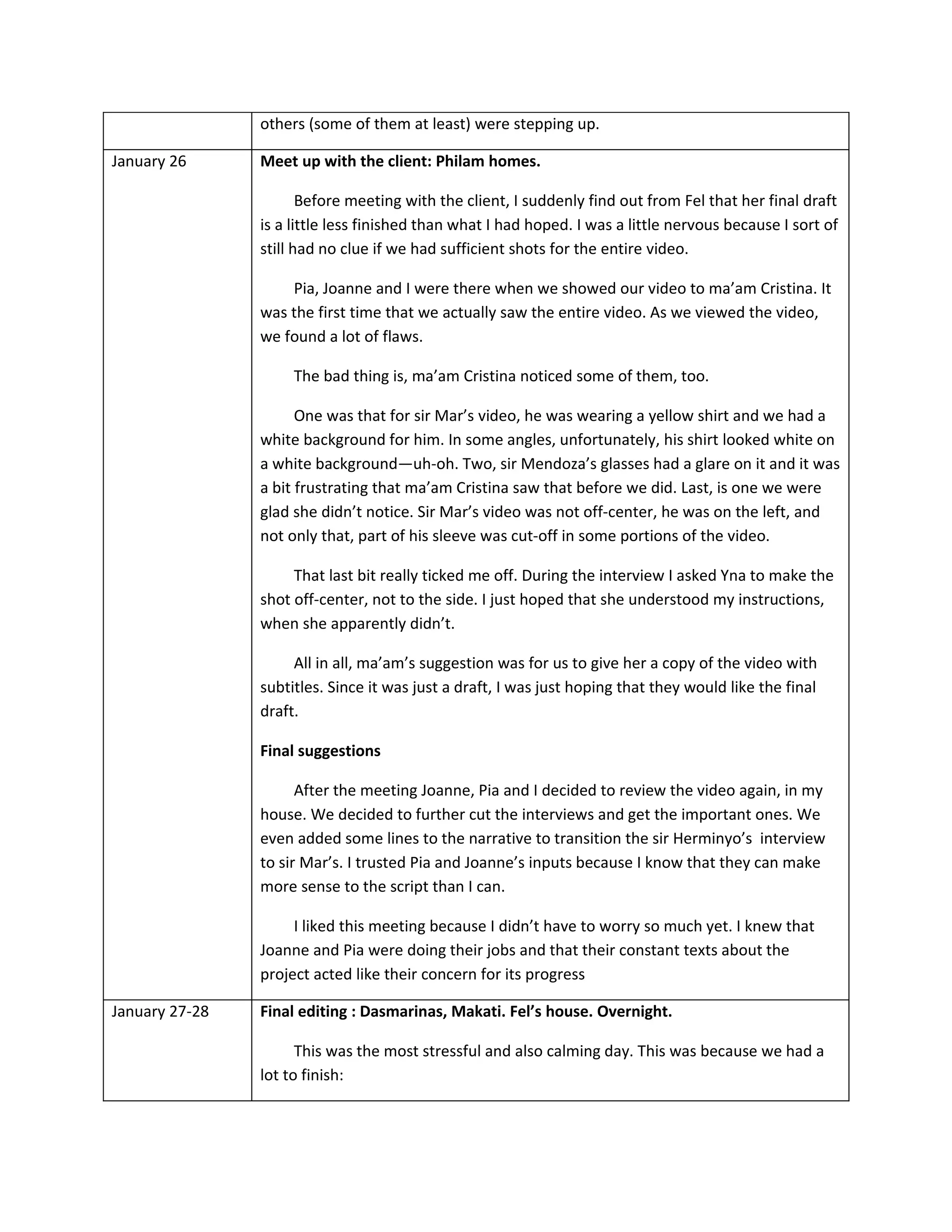 others (some of them at least) were stepping up.

January 26      Meet up with the client: Philam homes.

                       Before meeting with the client, I suddenly find out from Fel that her final draft
                is a little less finished than what I had hoped. I was a little nervous because I sort of
                still had no clue if we had sufficient shots for the entire video.

                    Pia, Joanne and I were there when we showed our video to ma’am Cristina. It
                was the first time that we actually saw the entire video. As we viewed the video,
                we found a lot of flaws.

                     The bad thing is, ma’am Cristina noticed some of them, too.

                      One was that for sir Mar’s video, he was wearing a yellow shirt and we had a
                white background for him. In some angles, unfortunately, his shirt looked white on
                a white background—uh-oh. Two, sir Mendoza’s glasses had a glare on it and it was
                a bit frustrating that ma’am Cristina saw that before we did. Last, is one we were
                glad she didn’t notice. Sir Mar’s video was not off-center, he was on the left, and
                not only that, part of his sleeve was cut-off in some portions of the video.

                     That last bit really ticked me off. During the interview I asked Yna to make the
                shot off-center, not to the side. I just hoped that she understood my instructions,
                when she apparently didn’t.

                     All in all, ma’am’s suggestion was for us to give her a copy of the video with
                subtitles. Since it was just a draft, I was just hoping that they would like the final
                draft.

                Final suggestions

                      After the meeting Joanne, Pia and I decided to review the video again, in my
                house. We decided to further cut the interviews and get the important ones. We
                even added some lines to the narrative to transition the sir Herminyo’s interview
                to sir Mar’s. I trusted Pia and Joanne’s inputs because I know that they can make
                more sense to the script than I can.

                     I liked this meeting because I didn’t have to worry so much yet. I knew that
                Joanne and Pia were doing their jobs and that their constant texts about the
                project acted like their concern for its progress

January 27-28   Final editing : Dasmarinas, Makati. Fel’s house. Overnight.

                      This was the most stressful and also calming day. This was because we had a
                lot to finish:
 